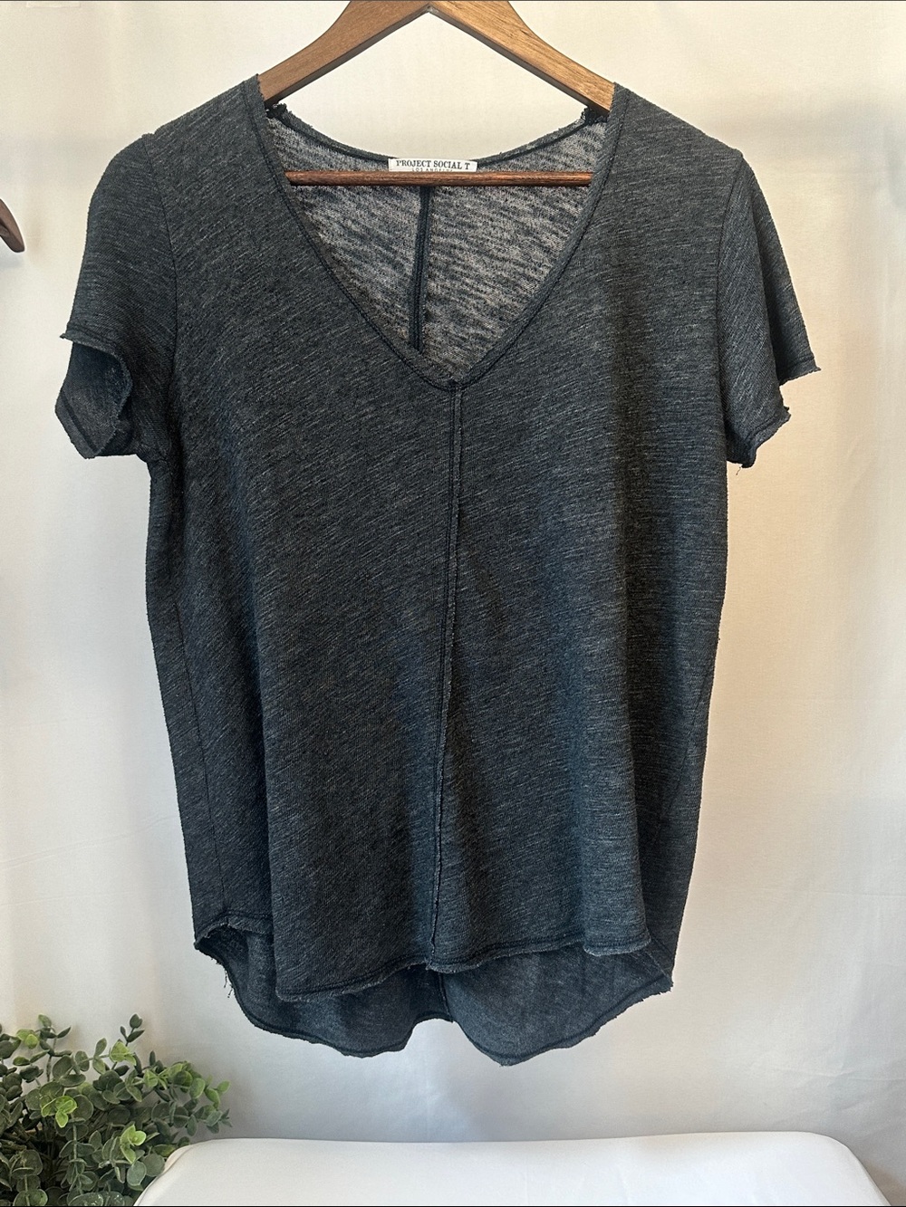 Project Social T Charcoal Burnout V-Neck Tee Raw Edge Short Sleeve Top